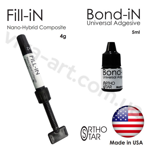 Композит нано-гибридный (пластичный) Fill-in в шприце (4г) из Bond-in (5мл) светового отверждения, Orthostar (США)